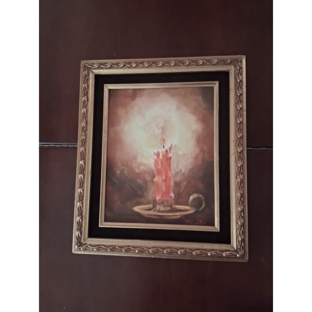 Standard Brands Vintage 1984 Candle Oil Painting 8x10 Gold Framed Red Warm Art